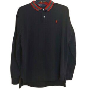 Polo Ralph Lauren Shirt Men's Large Long Sleeve Black VTG Red Green Knit Collar
